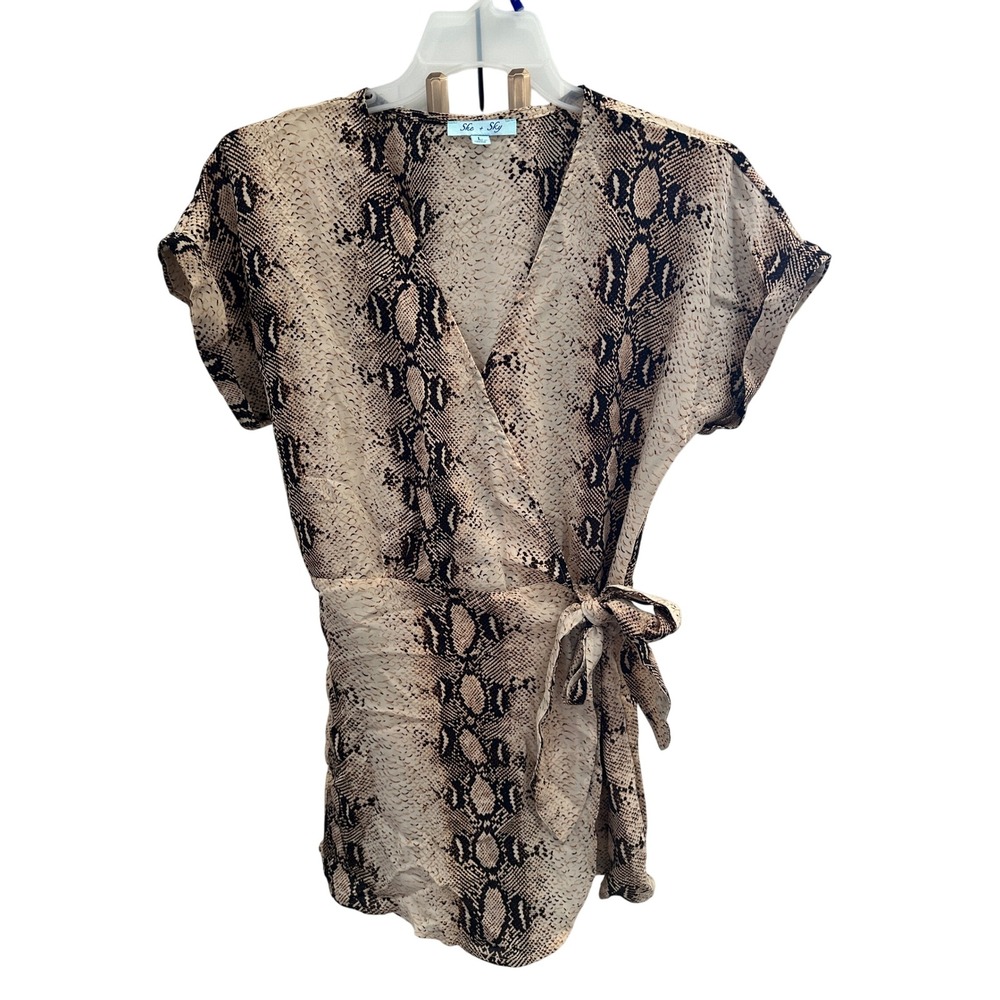 She + Sky Womens Snake Print Wrap Front Romper Tan Black Size Large